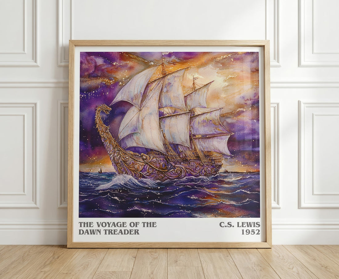 The Voyage of the Dawn Treader literary print in frame leaning in hallway – childrens wall art (mockup)