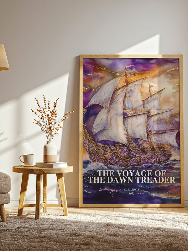 The Voyage Of The Dawn Treader watercolour print in frame leaning in hallway – childrens wall art