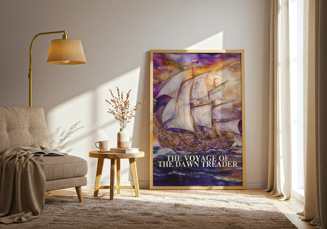 The Voyage Of The Dawn Treader watercolour print in frame leaning in hallway – childrens wall art (mockup)