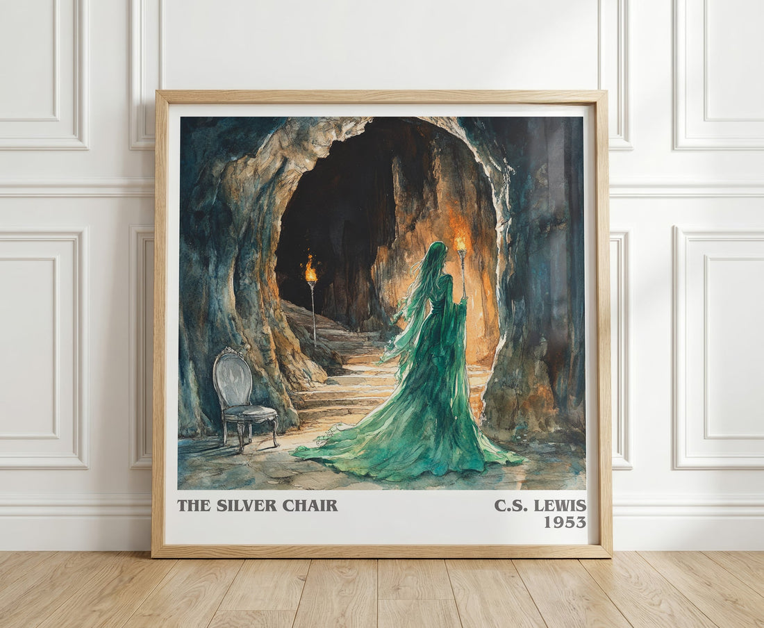 The Silver Chair literary print in frame leaning in hallway – childrens wall art (mockup)