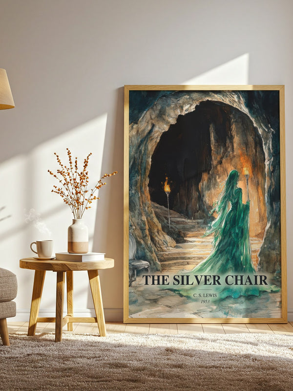 The Silver Chair watercolour print in frame leaning in hallway – childrens wall art