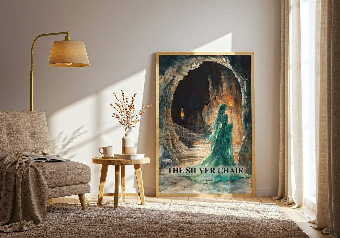 The Silver Chair watercolour print in frame leaning in hallway – childrens wall art (mockup)