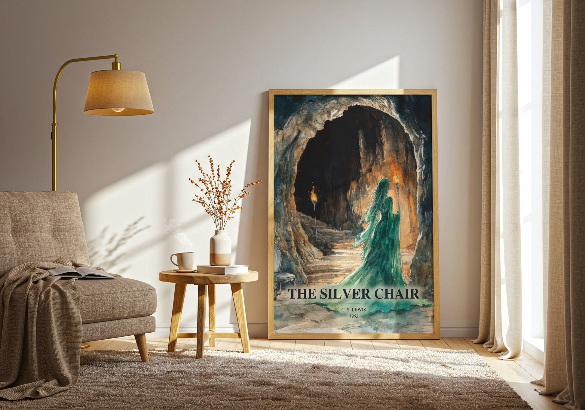 The Silver Chair watercolour print in frame leaning in hallway – childrens wall art