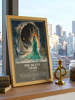 The Silver Chair Bookish Wall Art by C. S. Lewis – framed print on a city-view windowsill