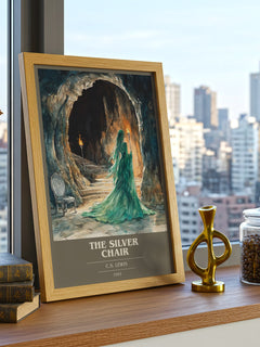 The Silver Chair Book Cover Poster by C. S. Lewis – framed print on a city-view windowsill