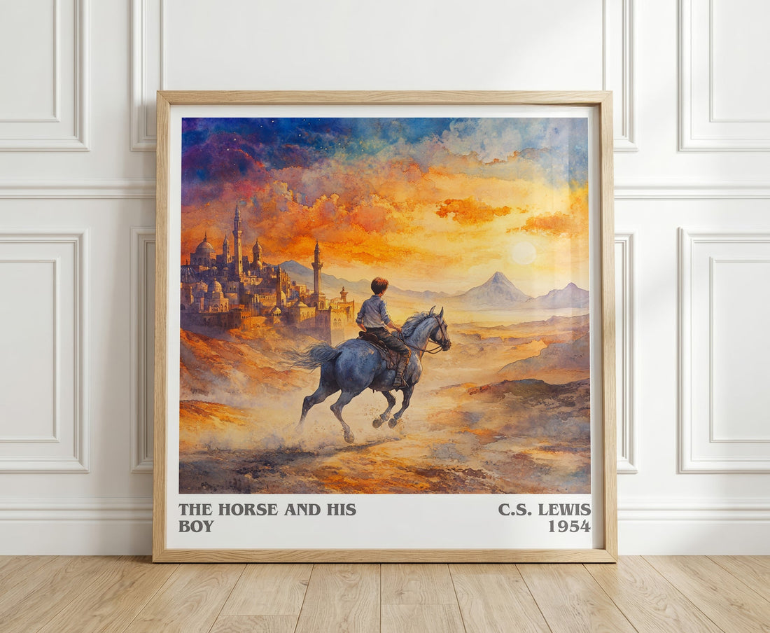 The Horse and his Boy literary print in frame leaning in hallway – childrens wall art (mockup)