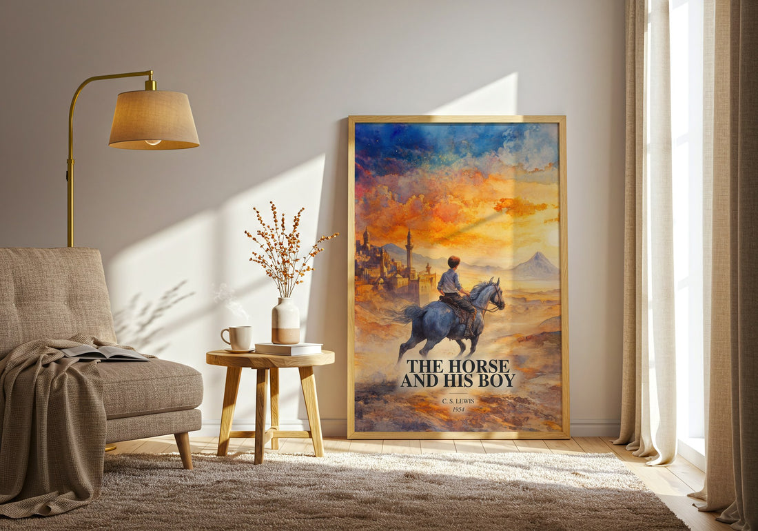 The Horse And His Boy watercolour print in frame leaning in hallway – childrens wall art (mockup)