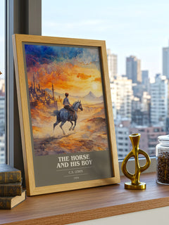 The Horse and his Boy Book Cover Poster by C. S. Lewis – framed print on a city-view windowsill