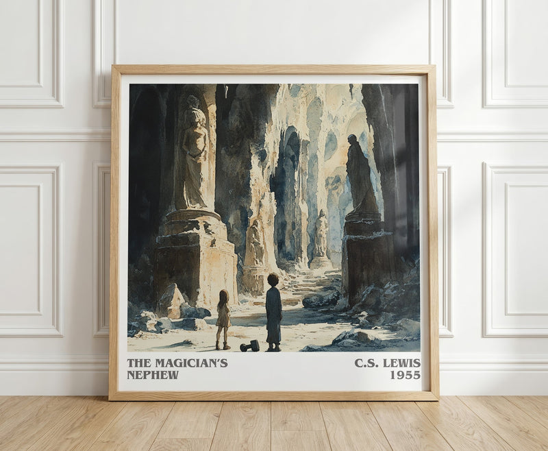 The Magician's Nephew literary print in frame leaning in hallway – childrens wall art
