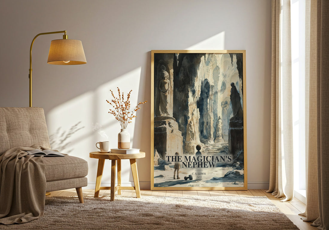The Magician'S Nephew watercolour print in frame leaning in hallway – childrens wall art (mockup)