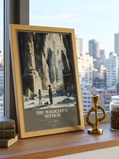 The Magician's Nephew Book Cover Poster by C. S. Lewis – framed print on a city-view windowsill