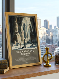 The Magician's Nephew Bookish Wall Art by C. S. Lewis – framed print on a city-view windowsill