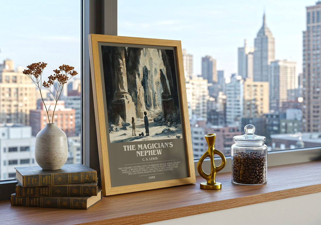 The Magician's Nephew Bookish Wall Art by C. S. Lewis – framed print on a city-view windowsill