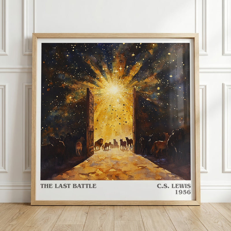 The Last Battle literary print in frame leaning in hallway – childrens wall art
