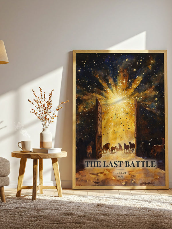 The Last Battle watercolour print in frame leaning in hallway – fantasy wall art
