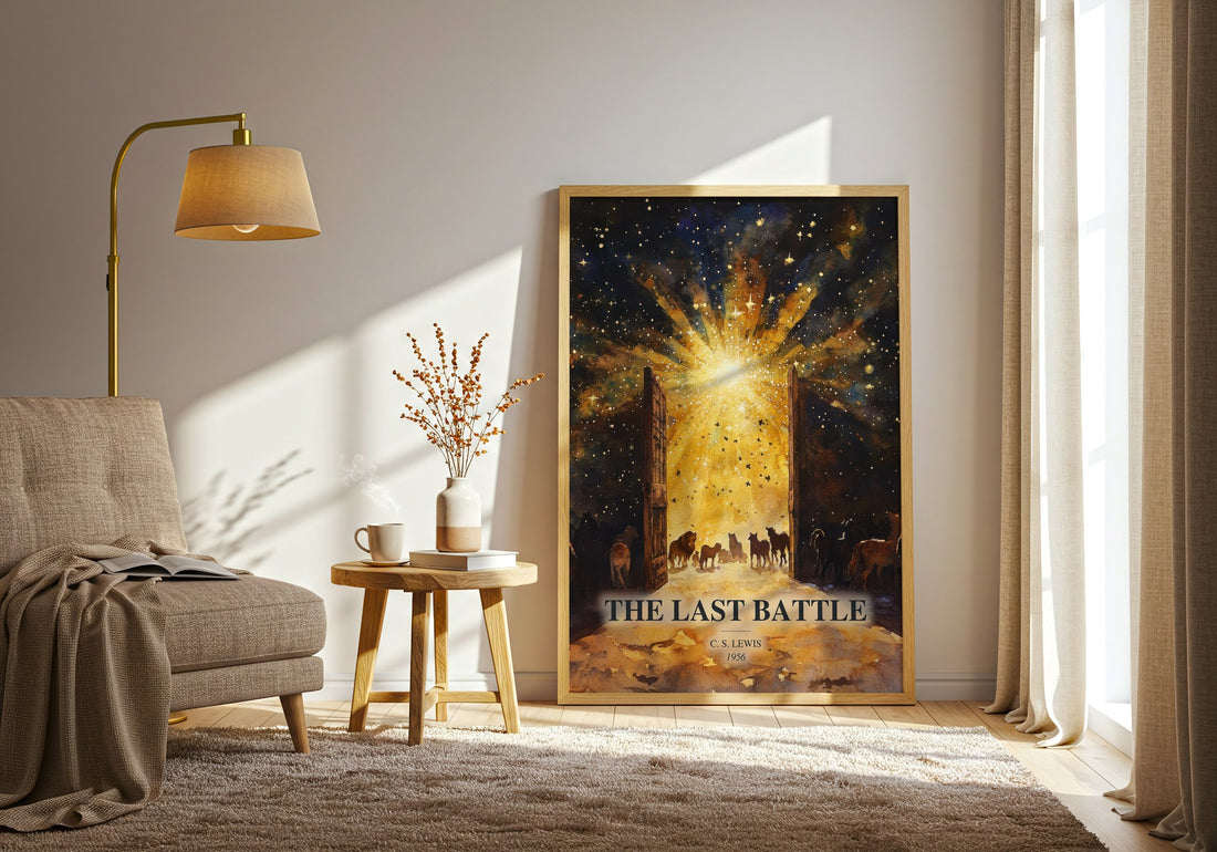 The Last Battle watercolour print in frame leaning in hallway – fantasy wall art (mockup)