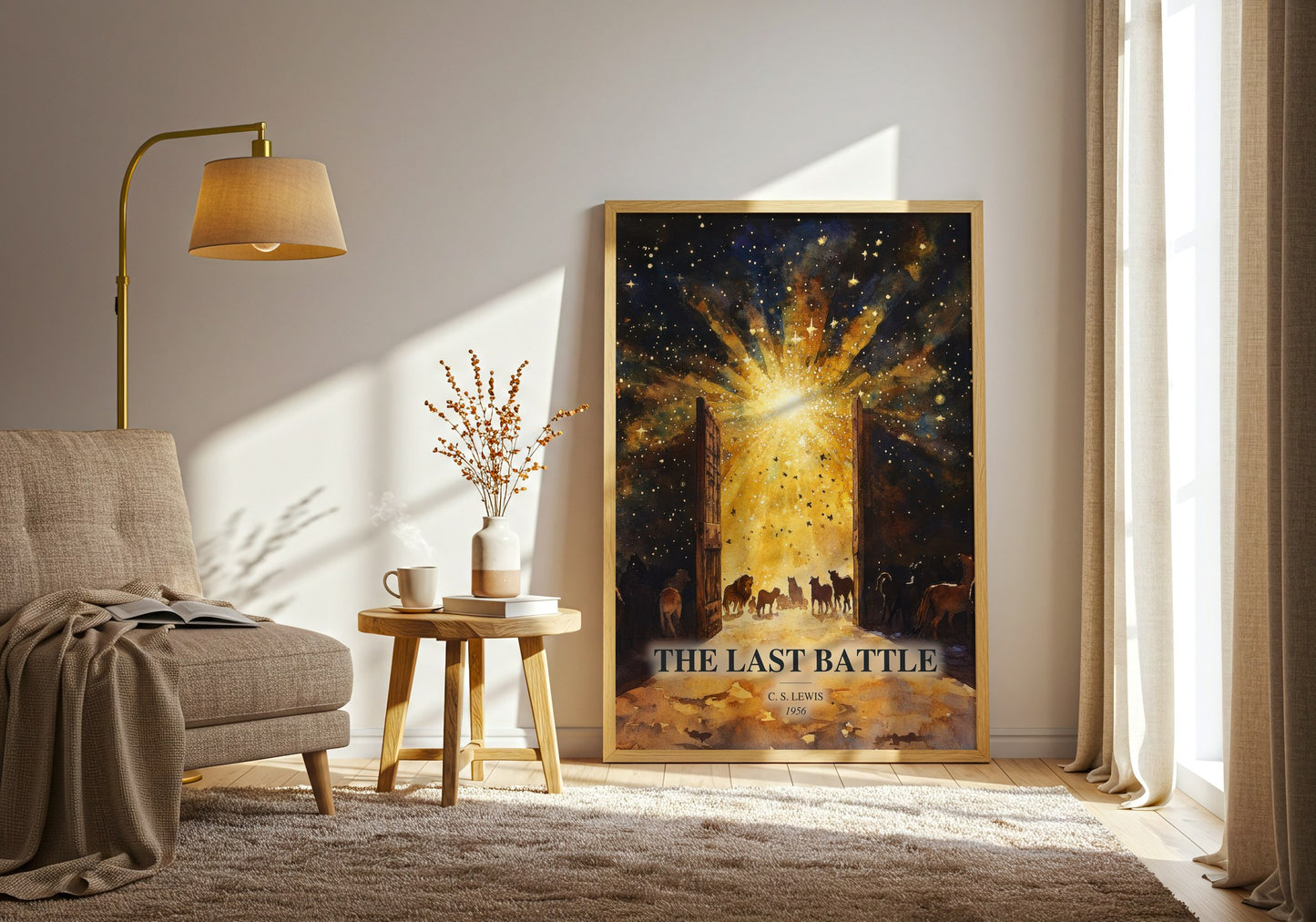 The Last Battle watercolour print in frame leaning in hallway – fantasy wall art