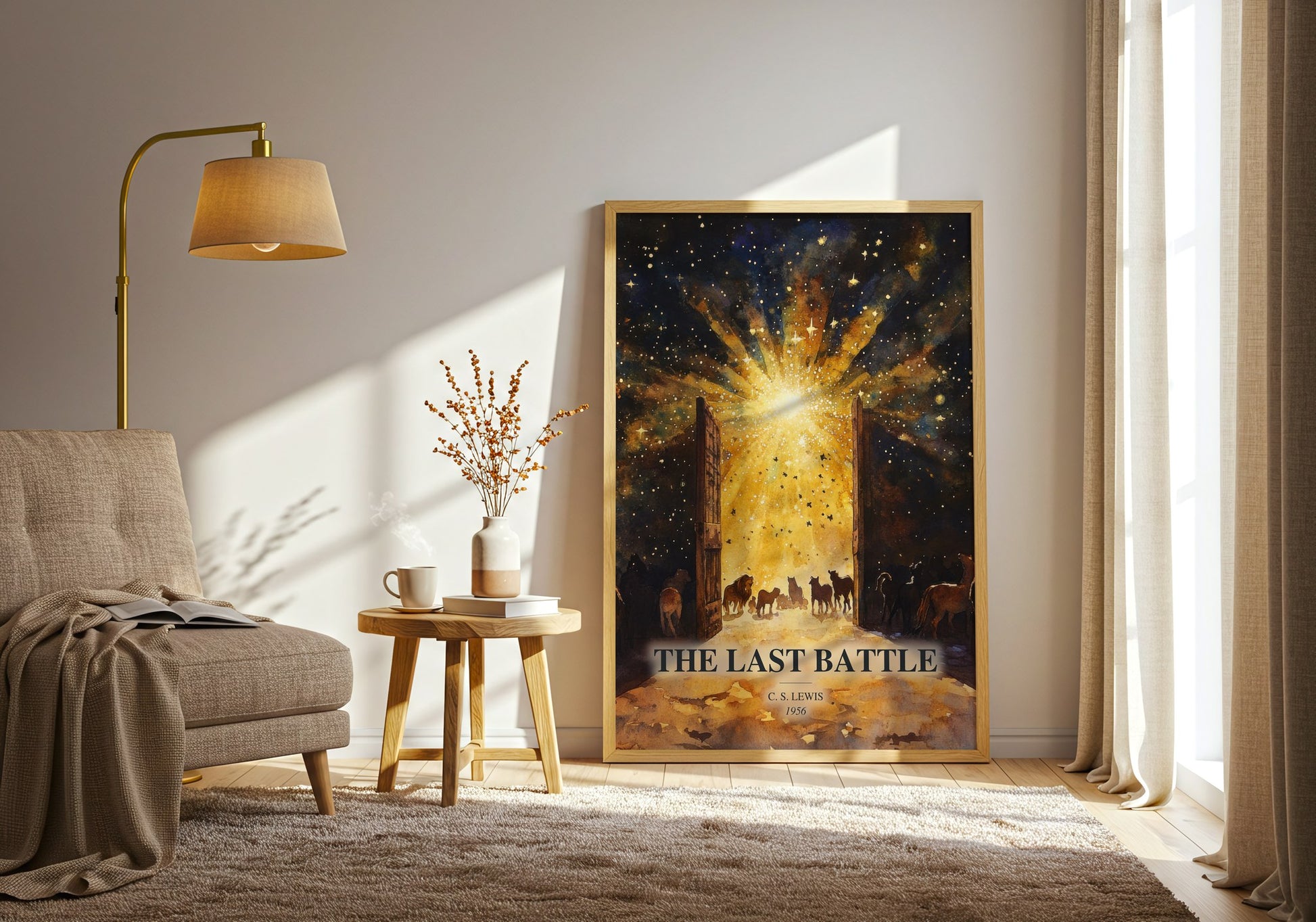 The Last Battle watercolour print in frame leaning in hallway – fantasy wall art