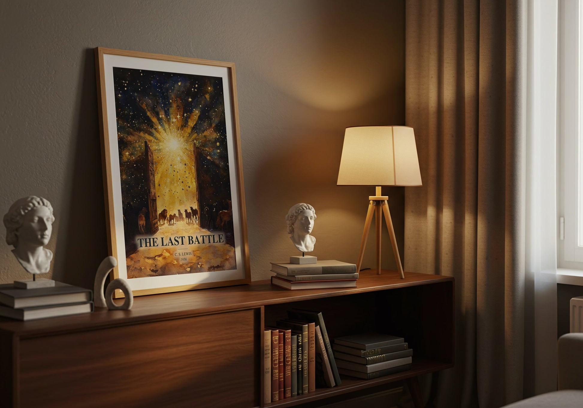 The Last Battle watercolour print on bookshelf – C. S. Lewis fan gift