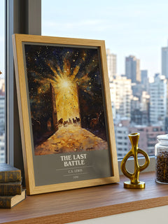 The Last Battle Book Cover Poster by C. S. Lewis – framed print on a city-view windowsill