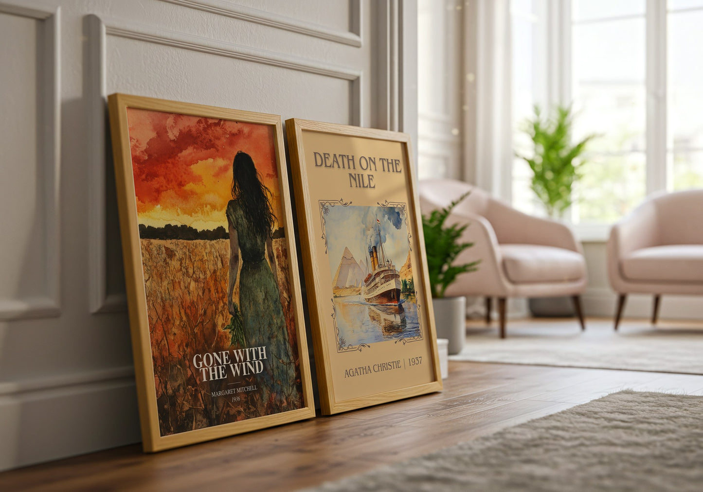 Gone With The Wind watercolour print framed by window – literary home decor