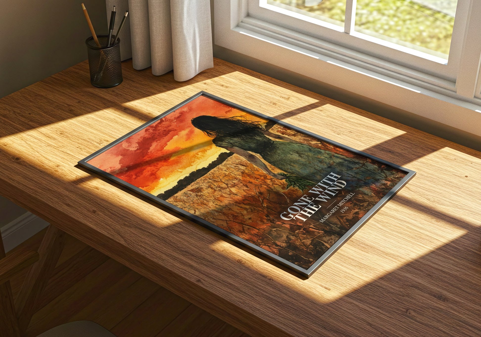 Gone With The Wind watercolour book poster framed on wall – historical fiction wall art