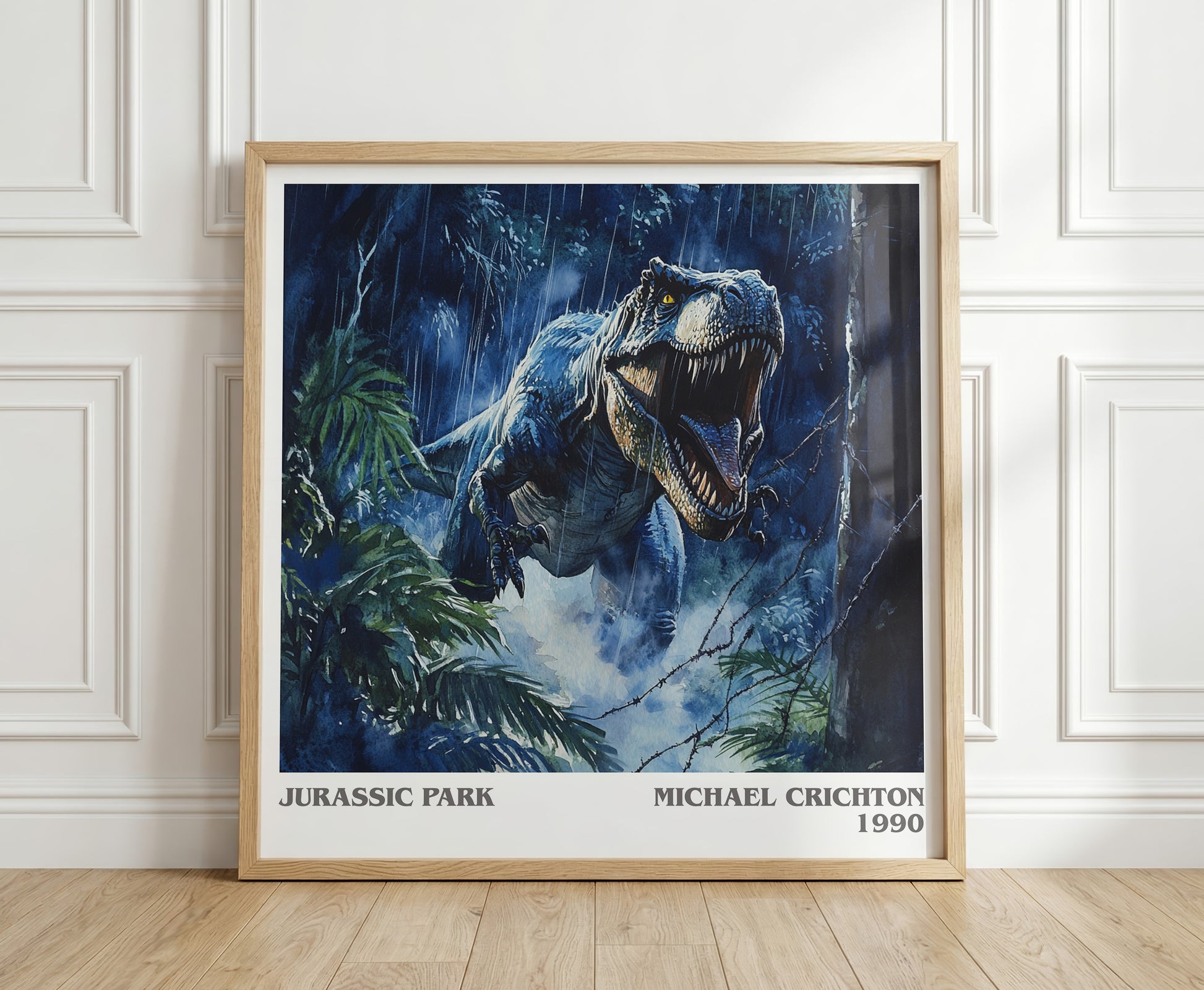 Jurassic Park literary print in frame leaning in hallway – sci fi wall art
