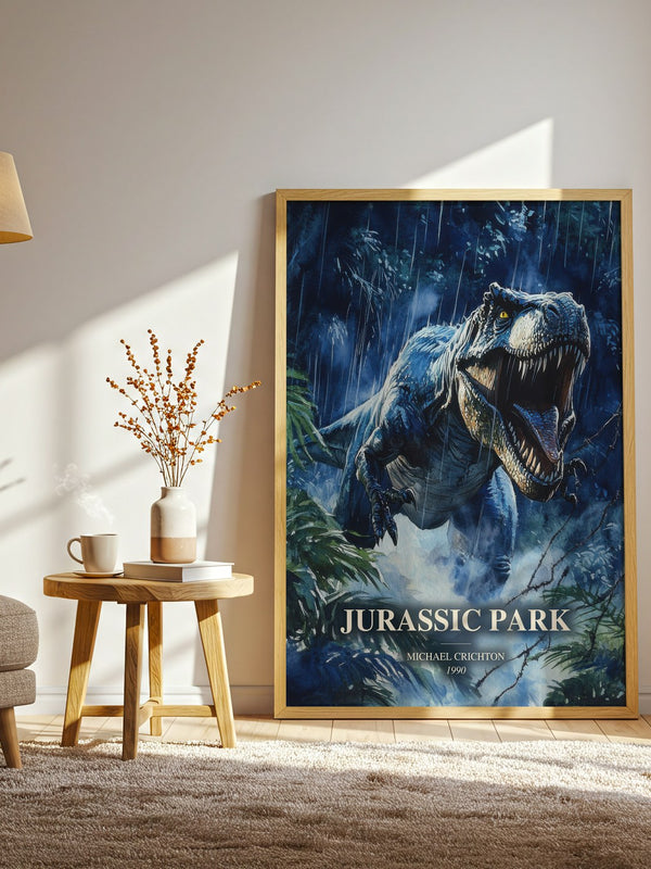 Jurassic Park watercolour print in frame leaning in hallway – sci fi wall art