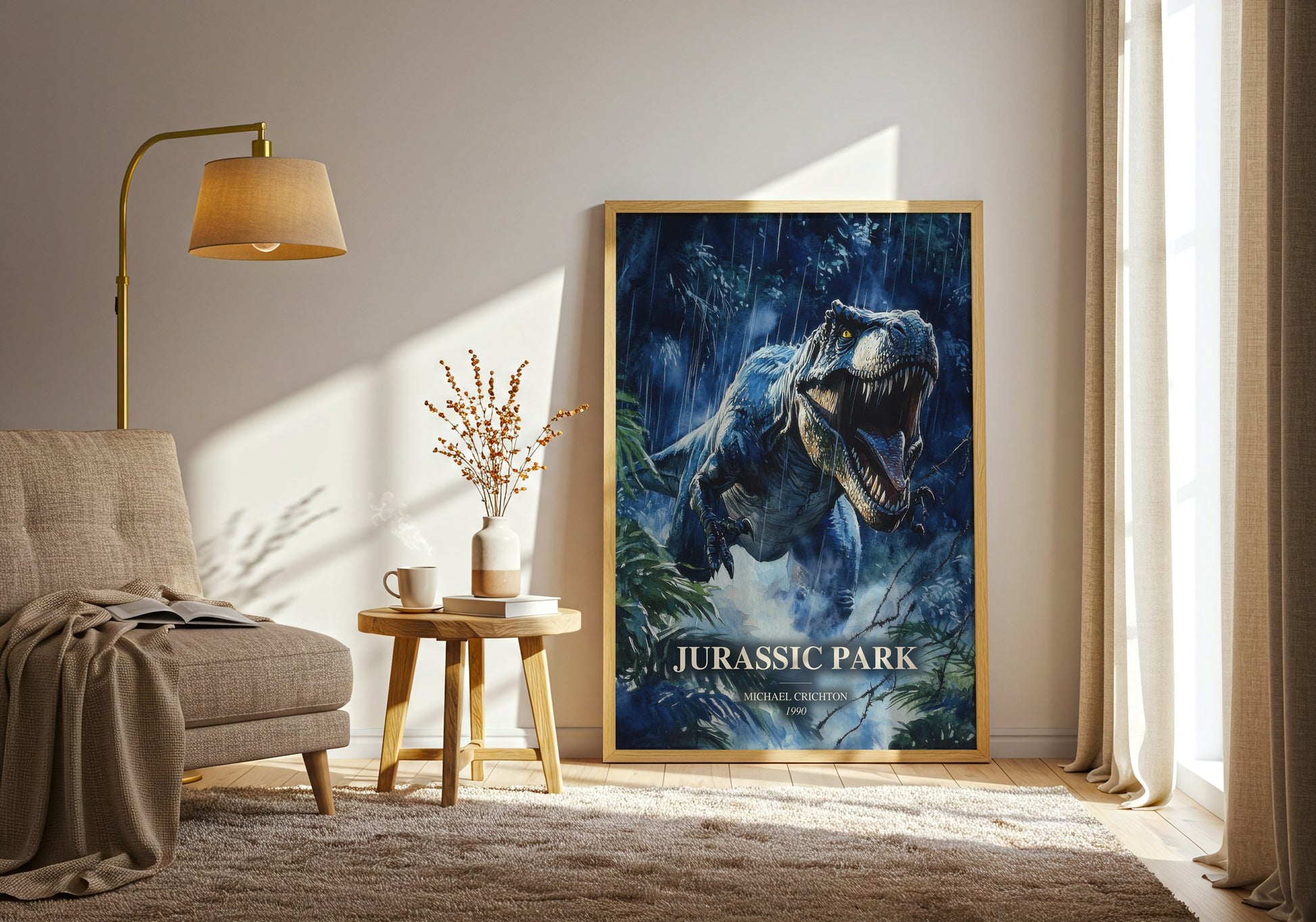 Jurassic Park watercolour print in frame leaning in hallway – sci fi wall art