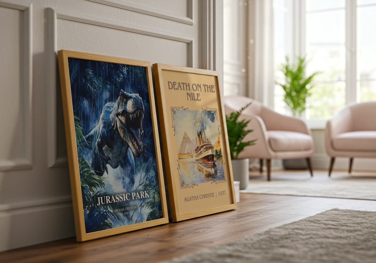 Jurassic Park watercolour print framed by window – literary home decor