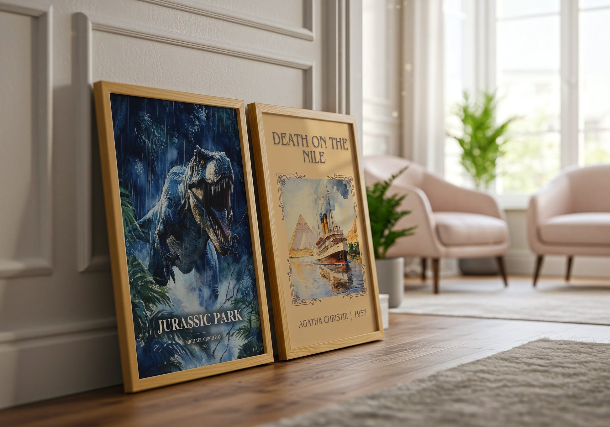 Jurassic Park watercolour print framed by window – literary home decor