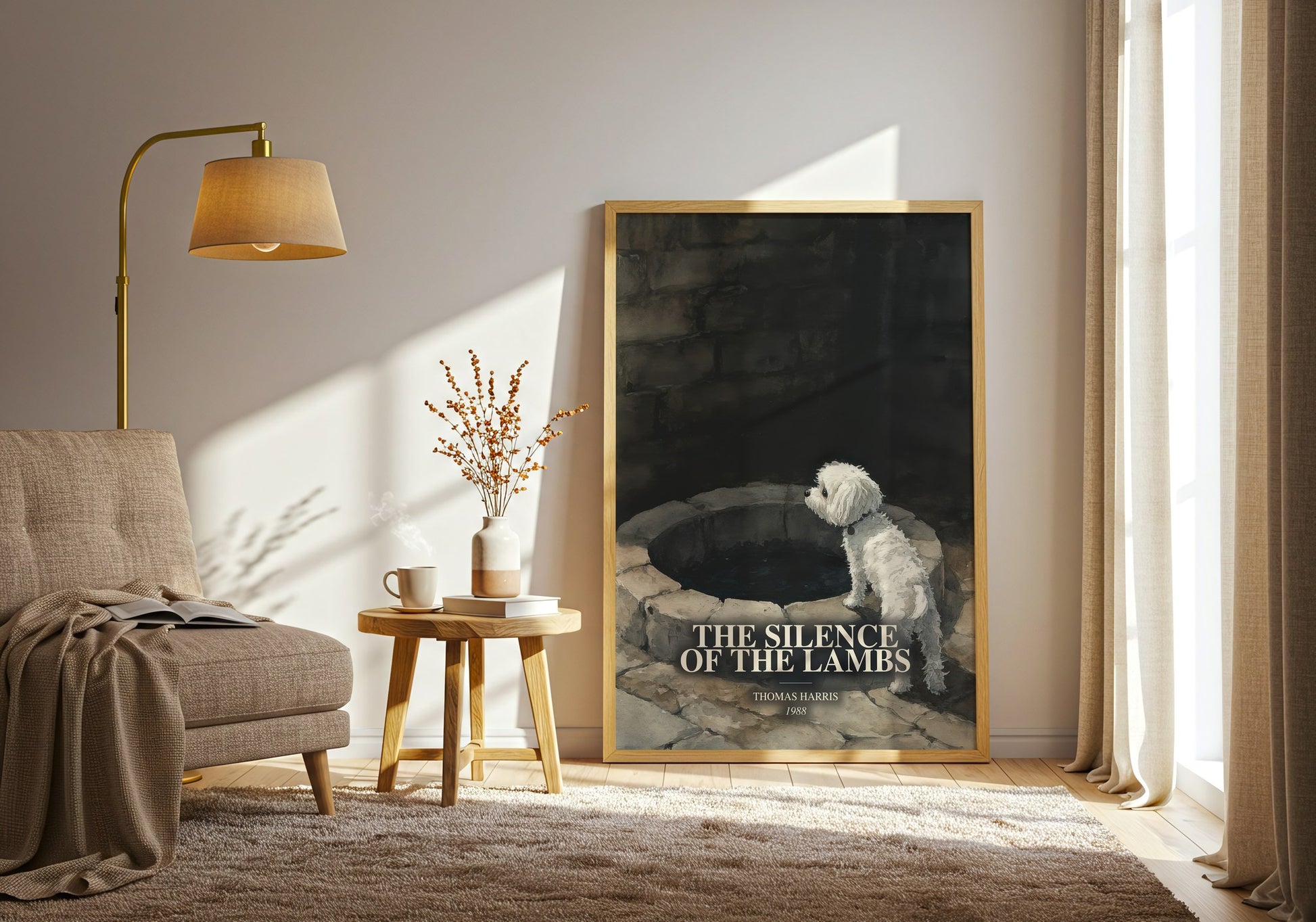 The Silence Of The Lambs watercolour print in frame leaning in hallway – thriller wall art