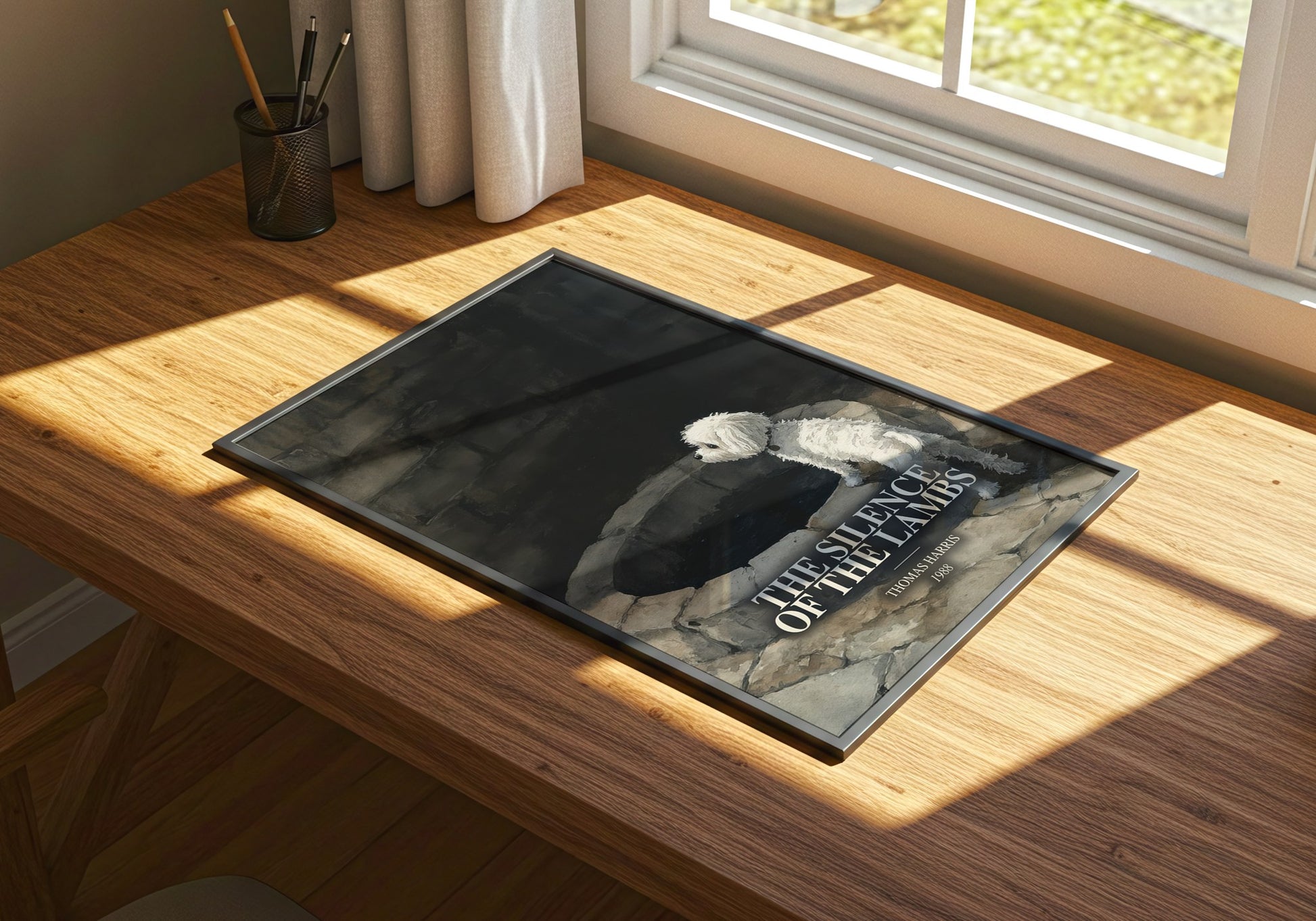 The Silence Of The Lambs watercolour book poster framed on wall – thriller wall art