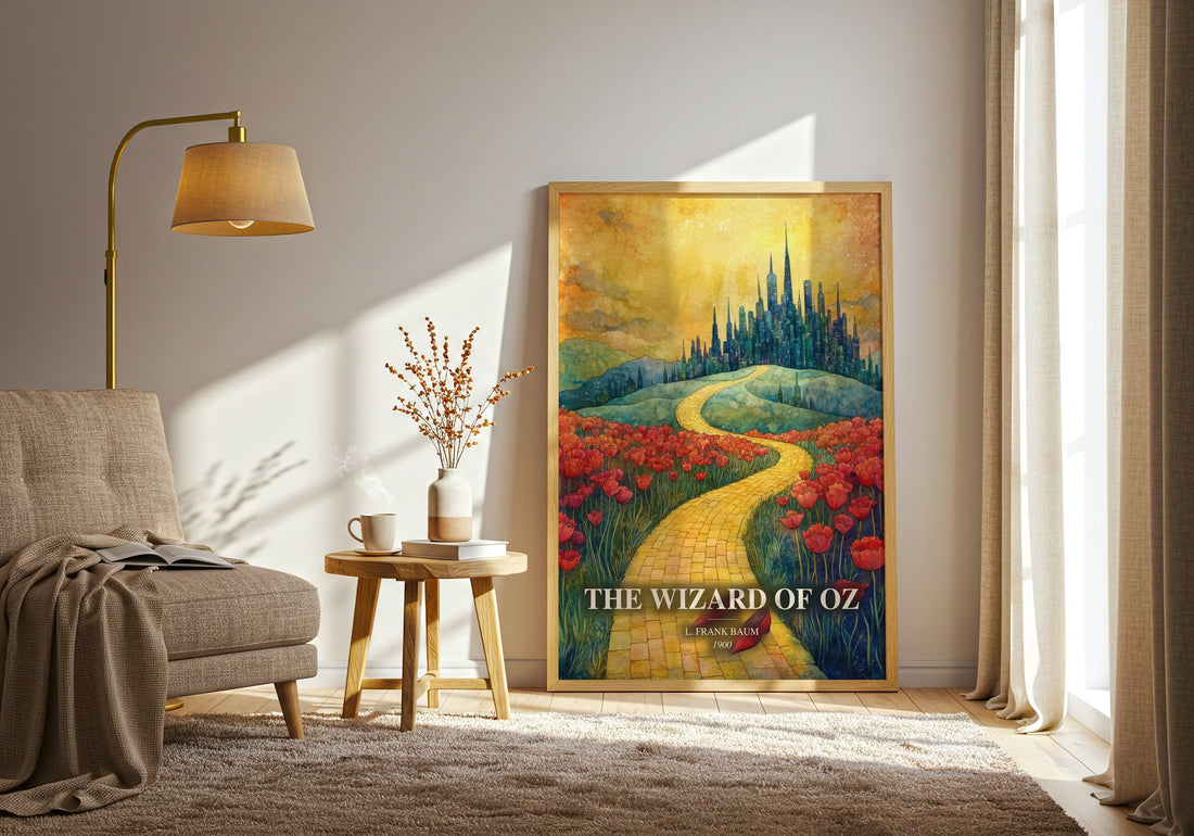 The Wizard Of Oz watercolour print in frame leaning in hallway – childrens wall art (mockup)