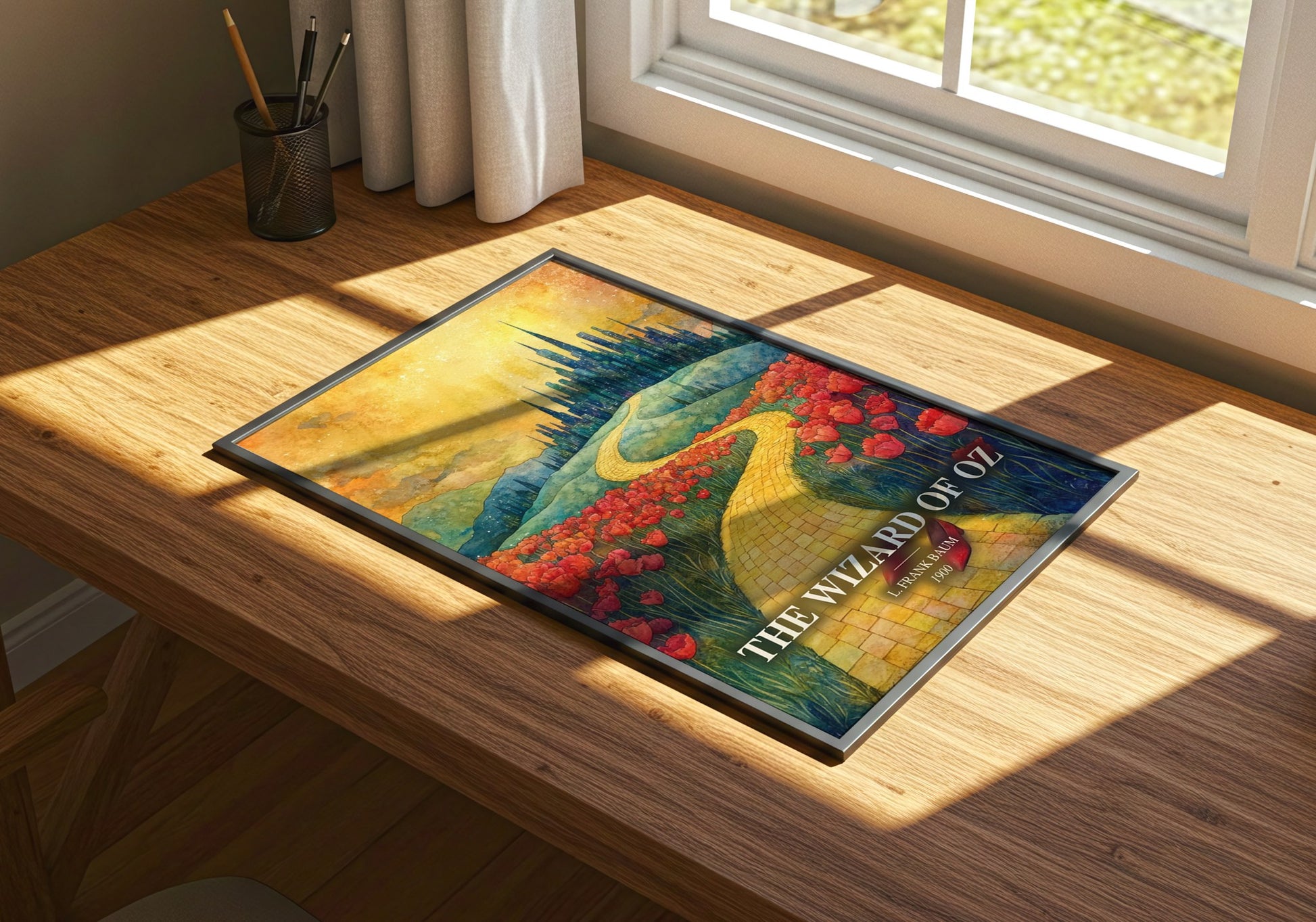 The Wizard Of Oz watercolour book poster framed on wall – childrens wall art