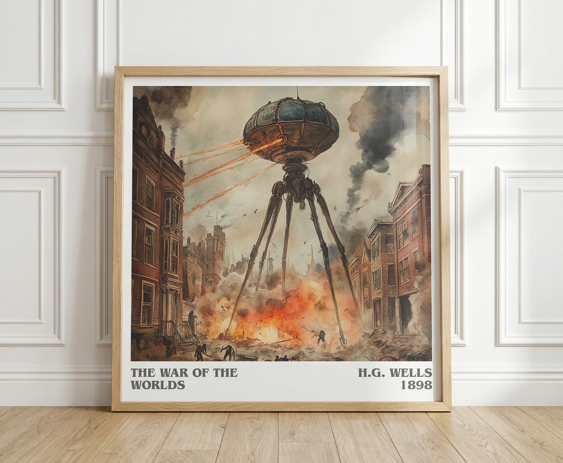 The War Of The Worlds literary print in frame leaning in hallway – historical fiction wall art