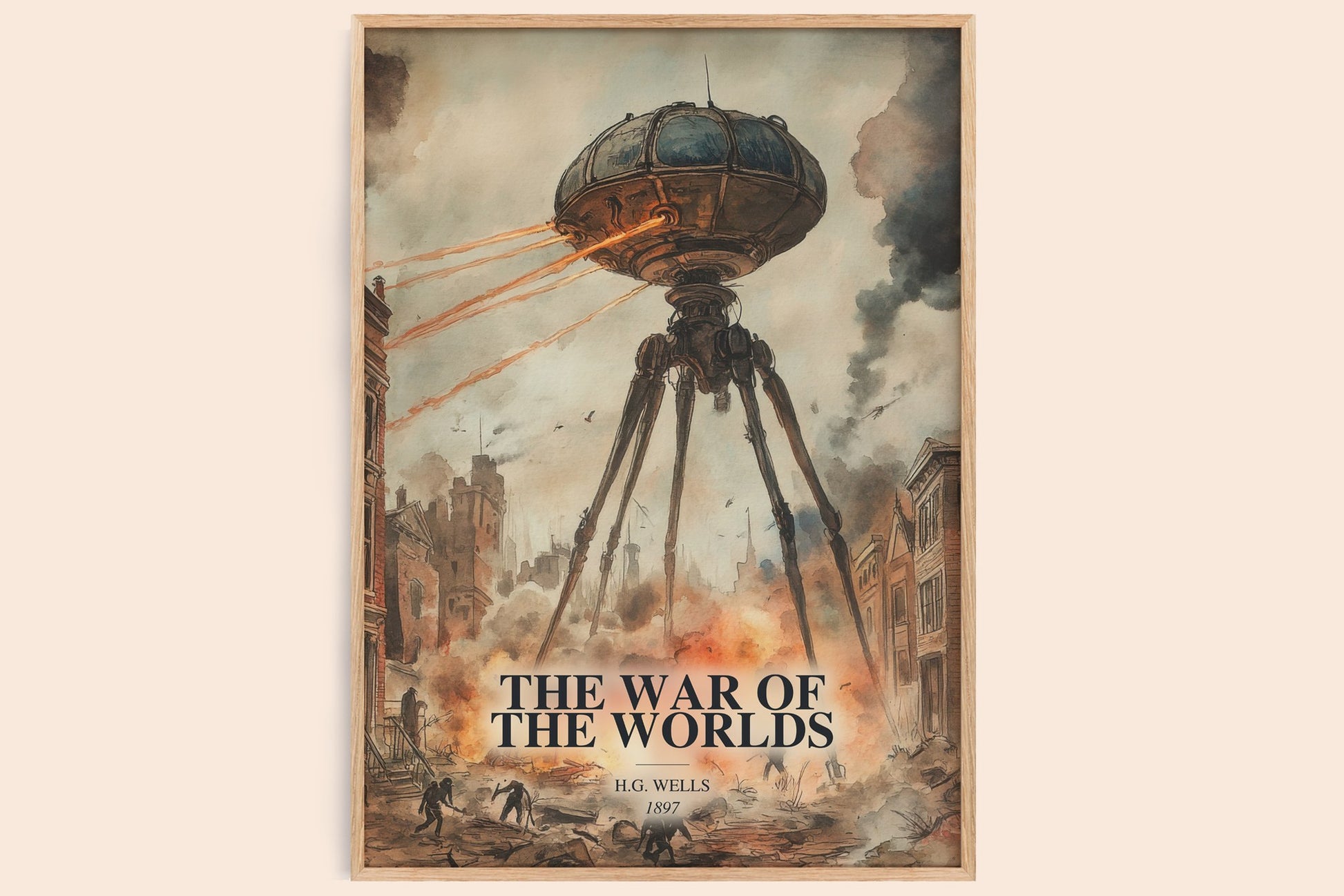 The War Of The Worlds watercolour book poster by H.G. Wells – framed literary art print