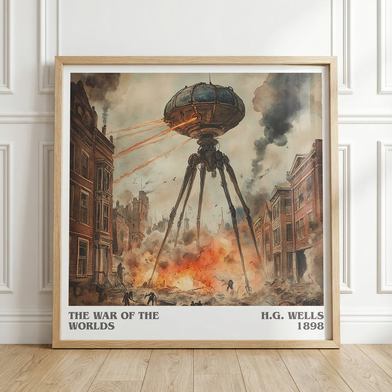 The War Of The Worlds literary print in frame leaning in hallway – historical fiction wall art