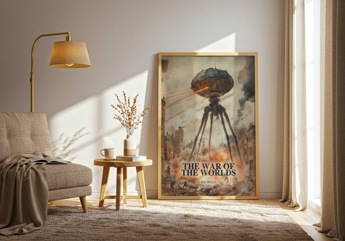 The War Of The Worlds watercolour print in frame leaning in hallway – sci fi wall art (mockup)