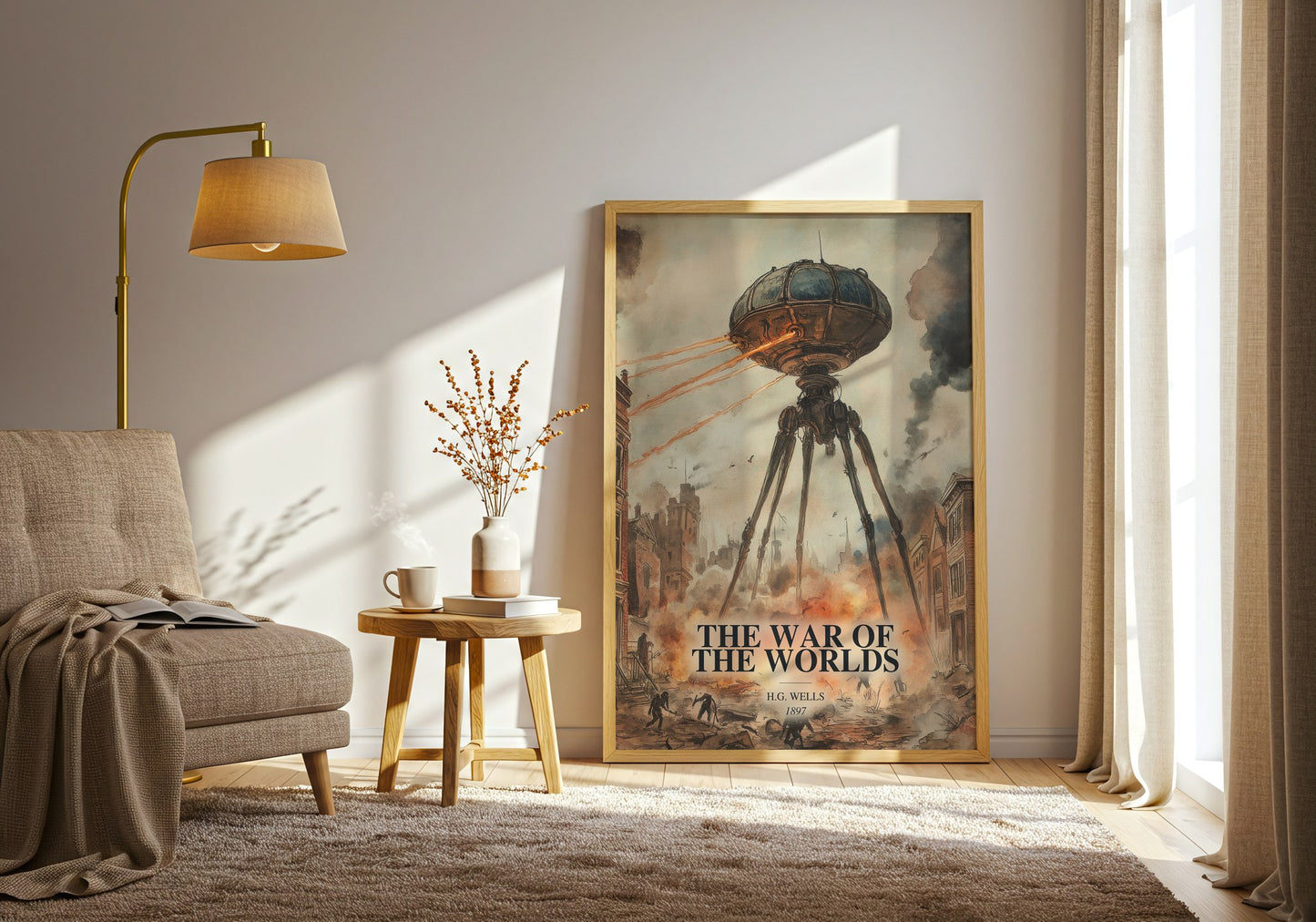 The War Of The Worlds watercolour print in frame leaning in hallway – sci fi wall art
