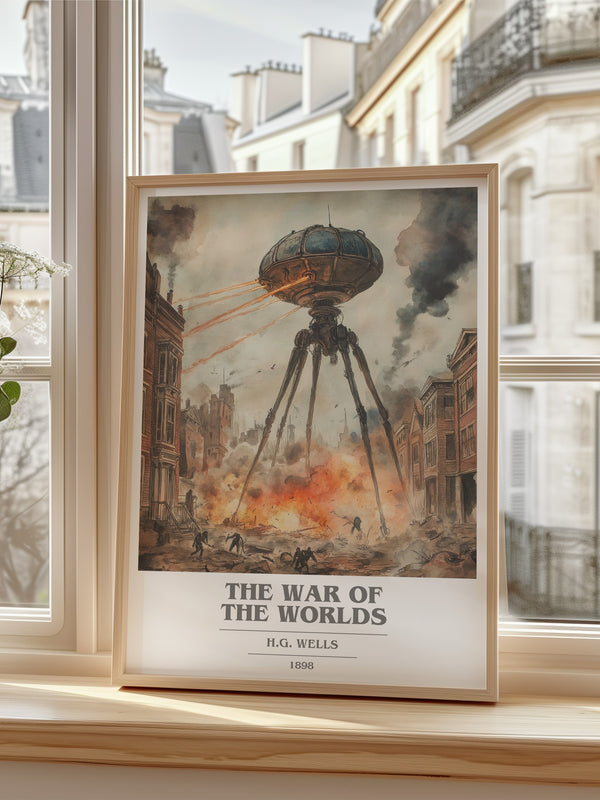 The War Of The Worlds Book Cover Poster by H.G. Wells – framed print by a bright window