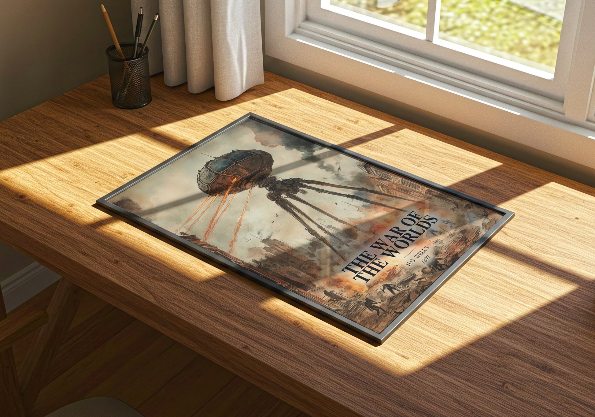 The War Of The Worlds watercolour book poster framed on wall – sci fi wall art