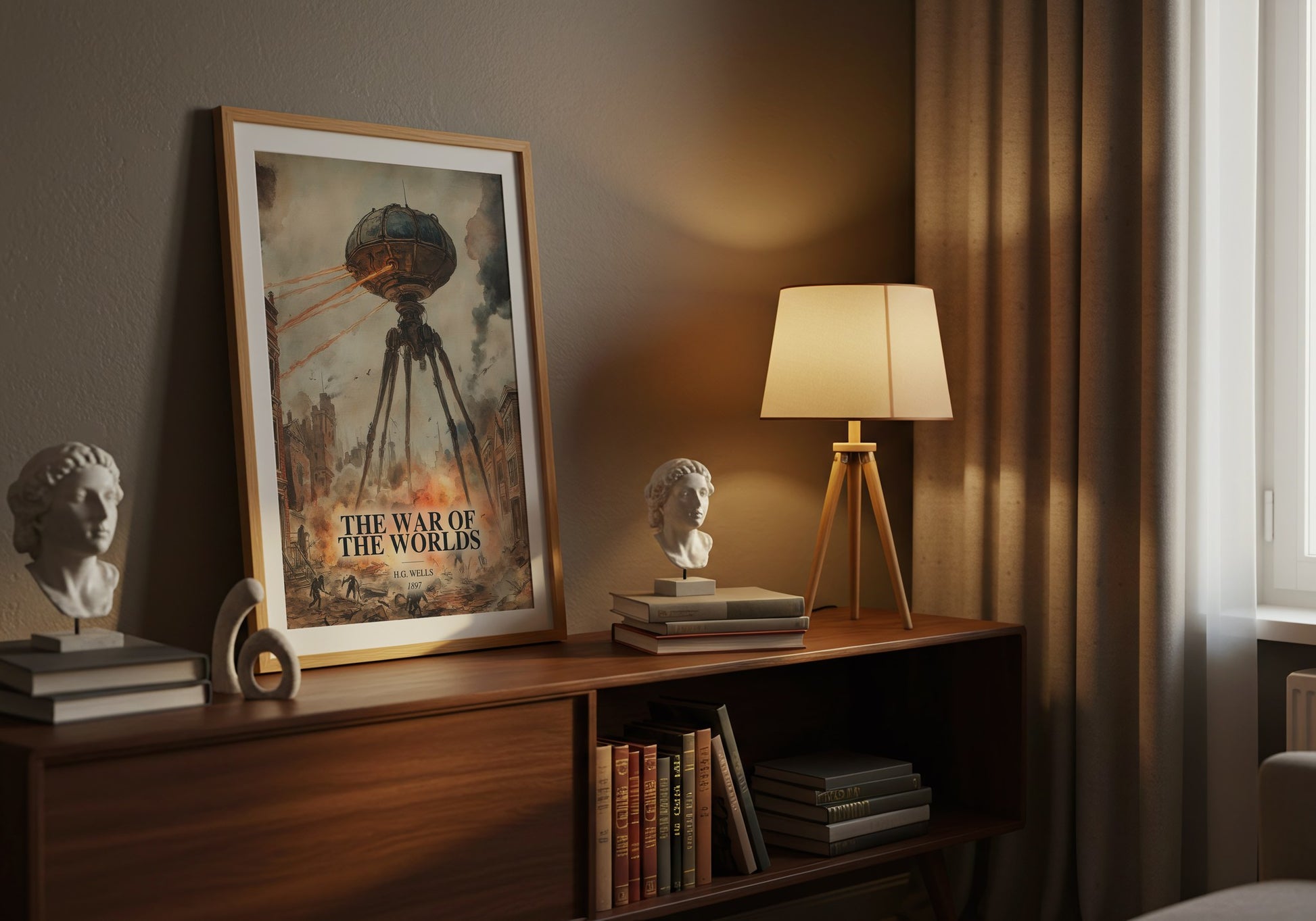 The War Of The Worlds watercolour print on bookshelf – H.G. Wells fan gift