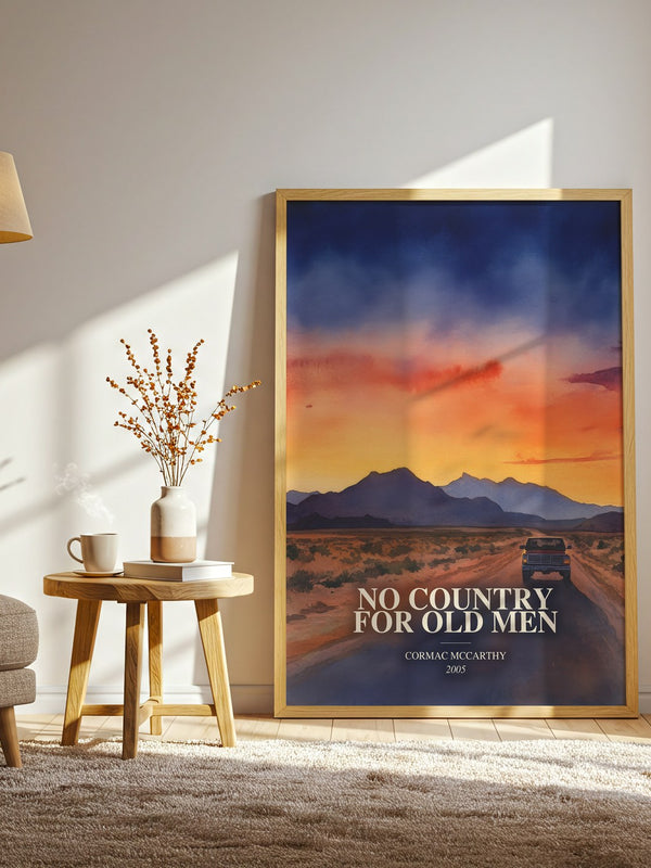 No Country For Old Men watercolour print in frame leaning in hallway – thriller wall art