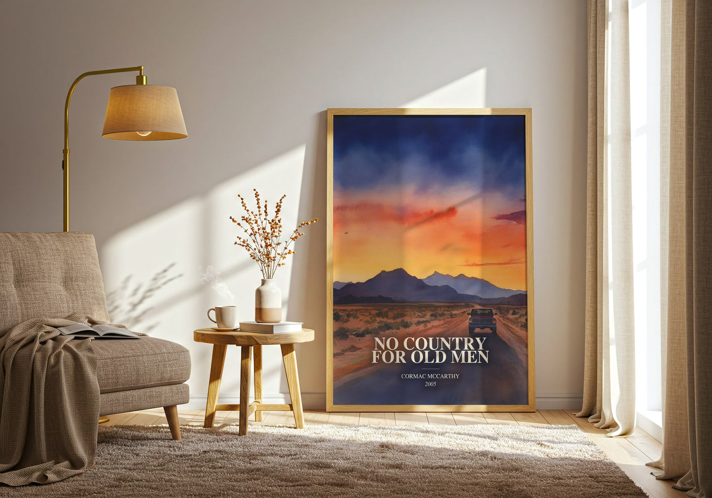 No Country For Old Men watercolour print in frame leaning in hallway – thriller wall art