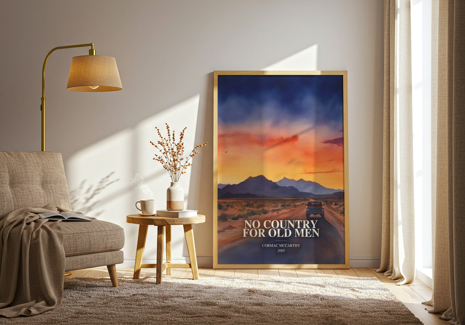 No Country For Old Men watercolour print in frame leaning in hallway – thriller wall art