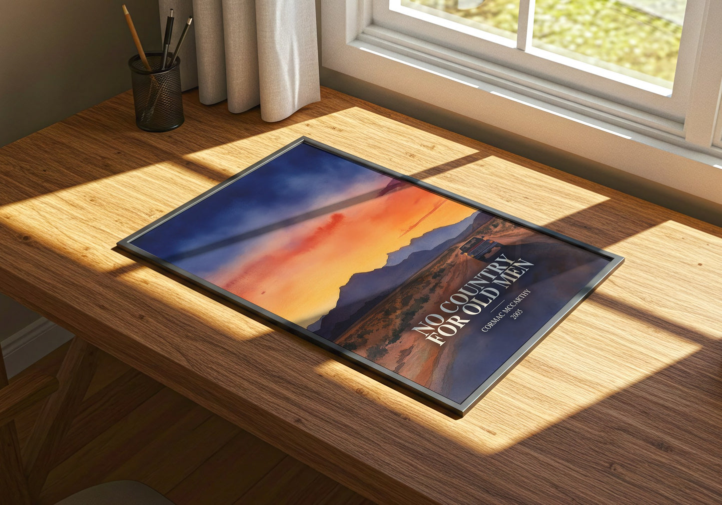 No Country For Old Men watercolour book poster framed on wall – thriller wall art