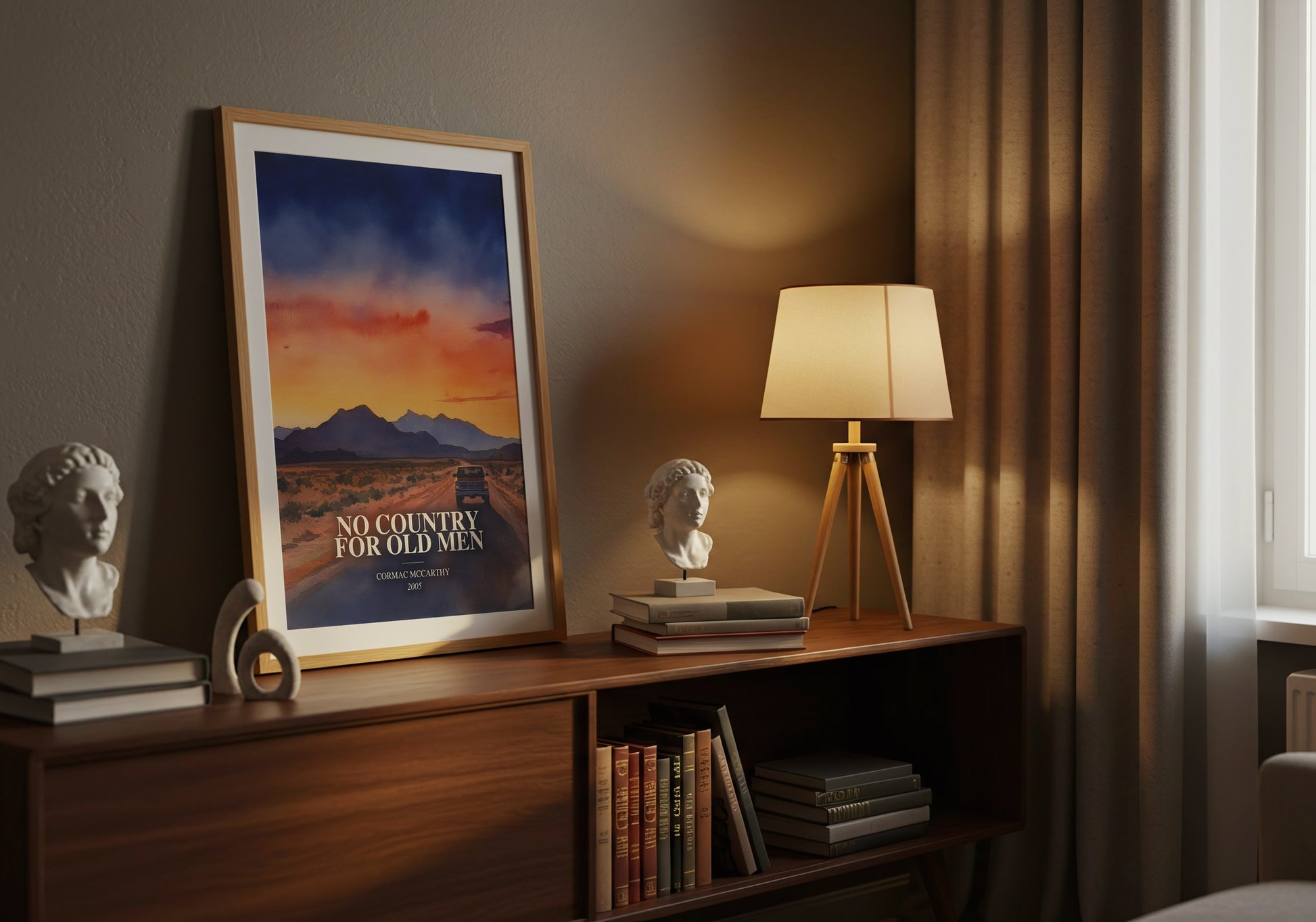 No Country For Old Men watercolour print on bookshelf – Cormac Mccarthy fan gift
