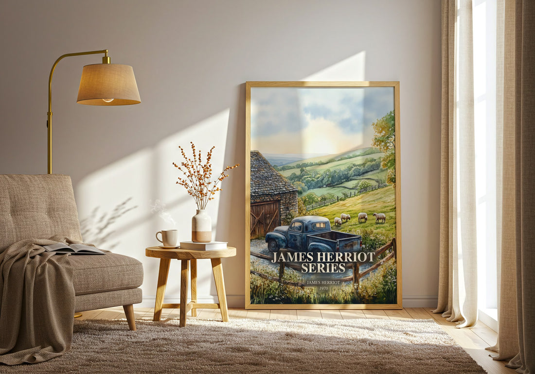 James Herriot Series watercolour print in frame leaning in hallway – memoir wall art (mockup)