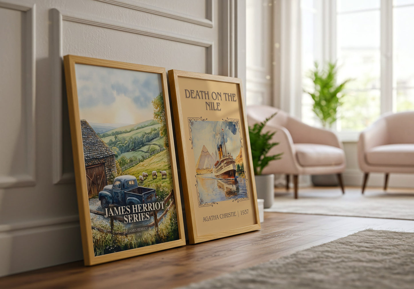 James Herriot Series watercolour print framed by window – literary home decor